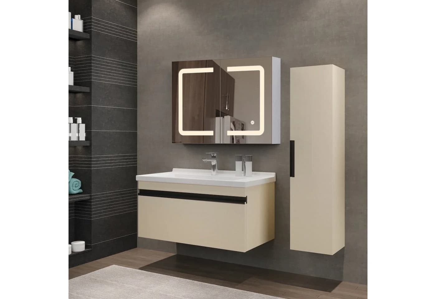 PXloue Badezimmerspiegelschrank Doppeltür Hängeschrank 80x60x13.5 cm LED-Beleuchtung