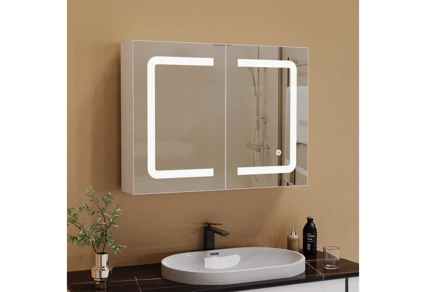 PXloue Badezimmerspiegelschrank Doppeltür Hängeschrank 80x60x13.5 cm LED-Beleuchtung - Bild 2