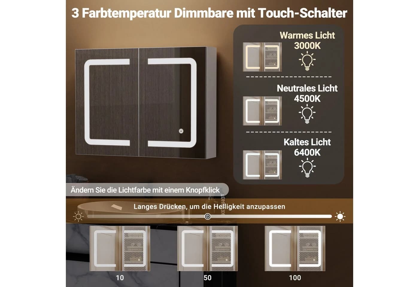 PXloue Badezimmerspiegelschrank Doppeltür Hängeschrank 80x60x13.5 cm LED-Beleuchtung - Bild 5