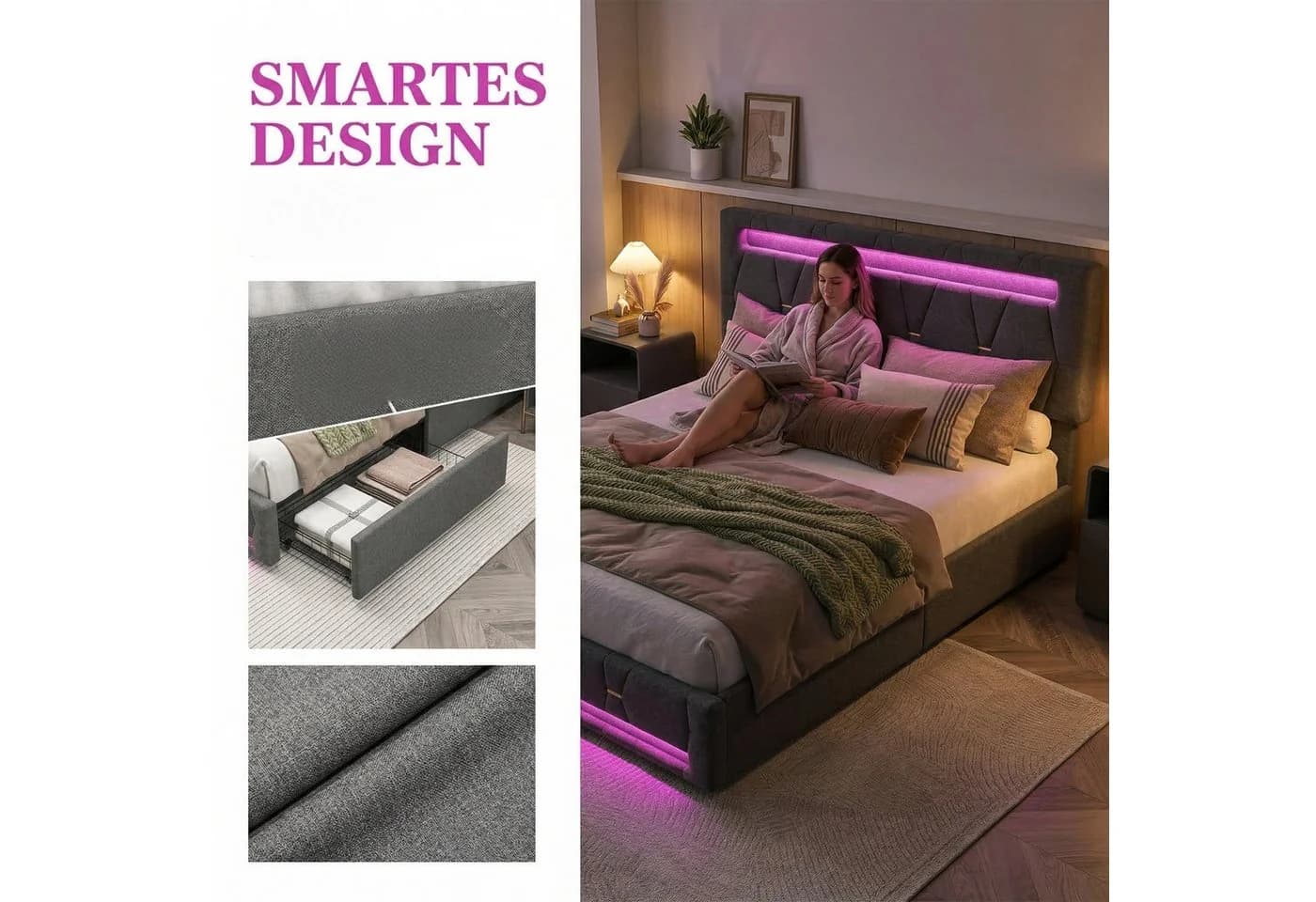 PXloue Polsterbett mit Stauraum und LED-Beleuchtung Grau - Bild 3