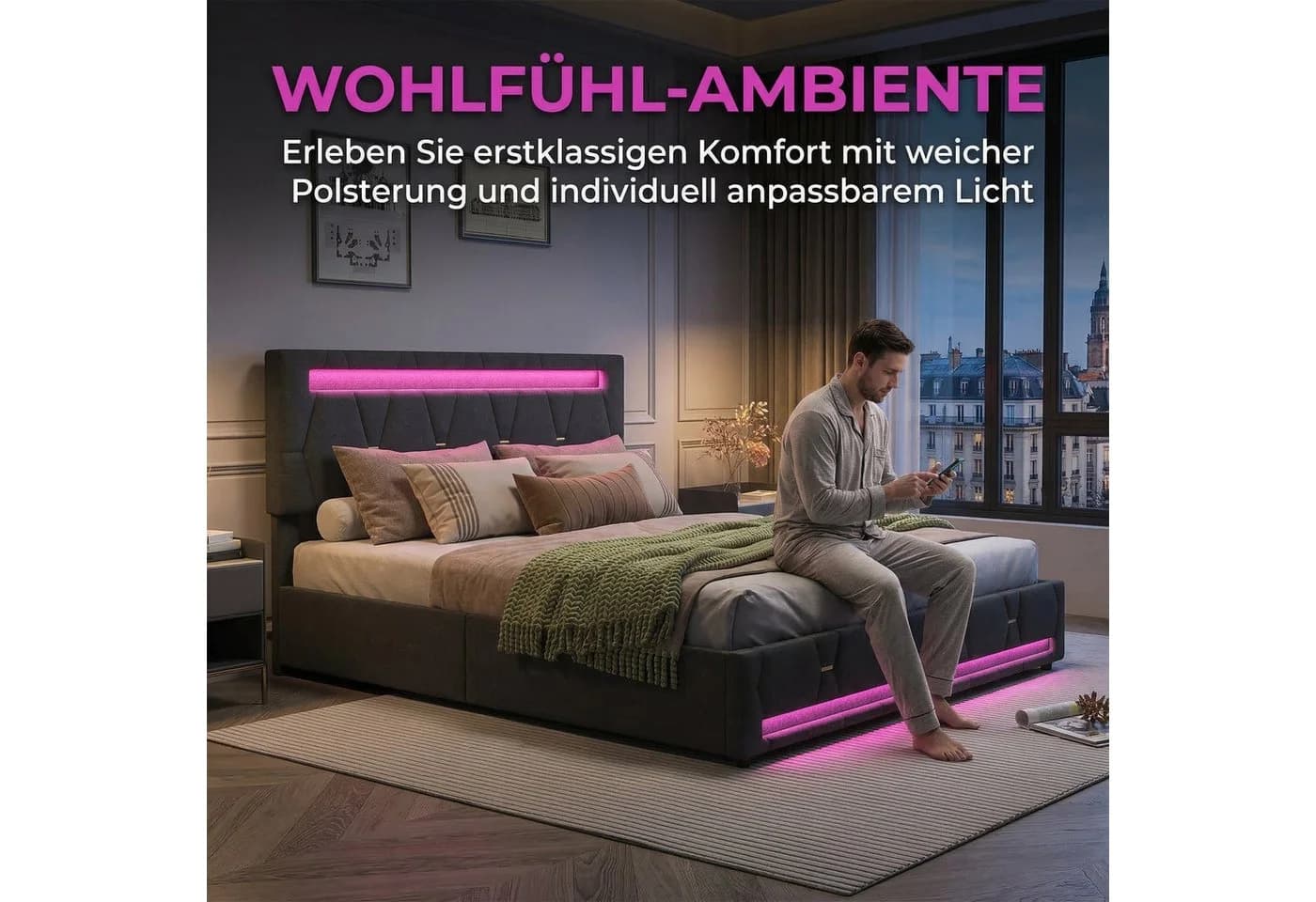 PXloue Polsterbett mit Stauraum und LED-Beleuchtung Grau - Bild 4