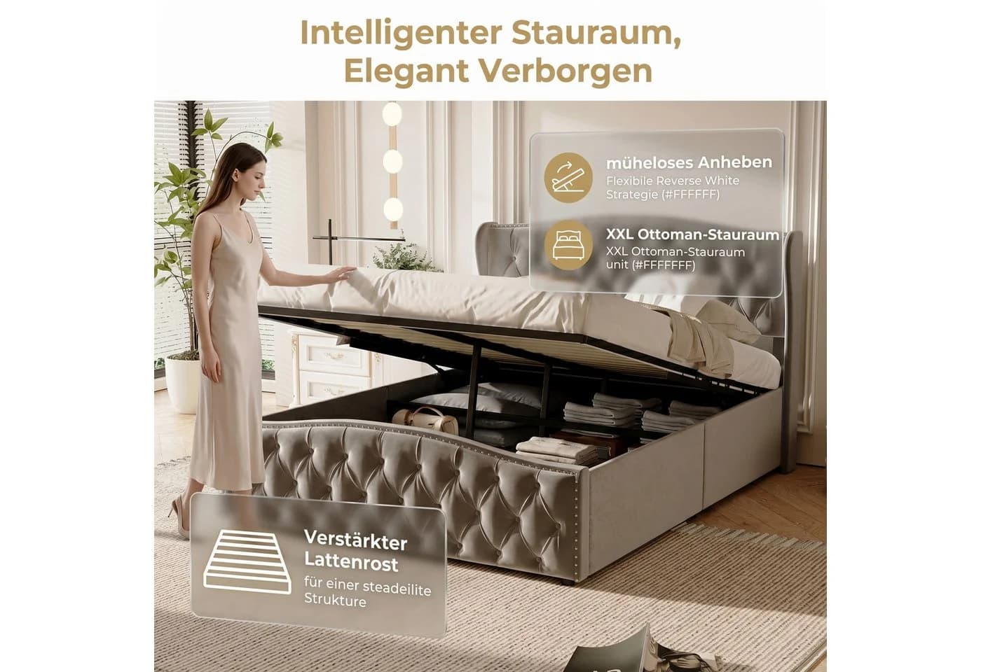 PXloue Polsterbett Beige Samt mit Stauraum und Lattenrost