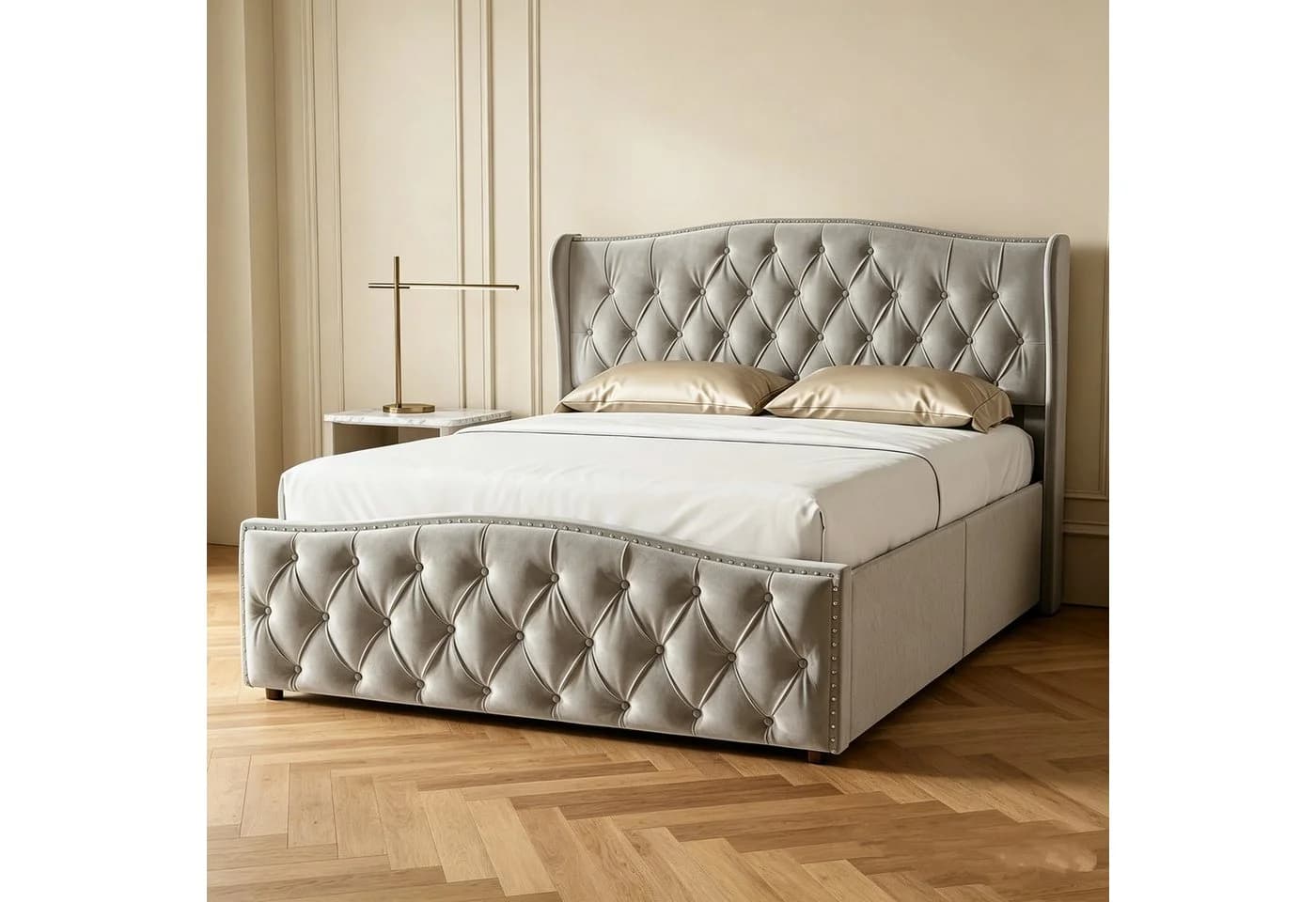 PXloue Polsterbett Beige Samt mit Stauraum und Lattenrost - Bild 2