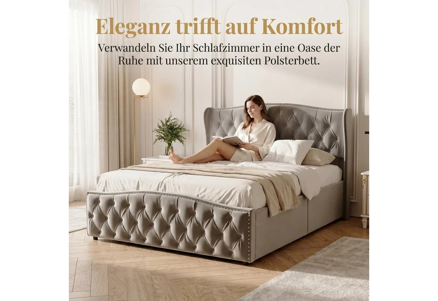 PXloue Polsterbett Beige Samt mit Stauraum und Lattenrost - Bild 3