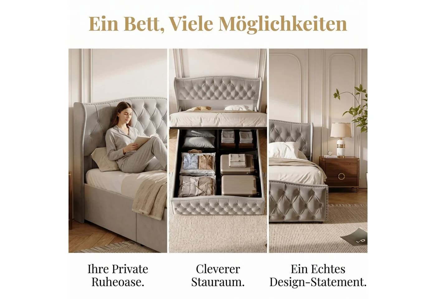 PXloue Polsterbett Beige Samt mit Stauraum und Lattenrost - Bild 4