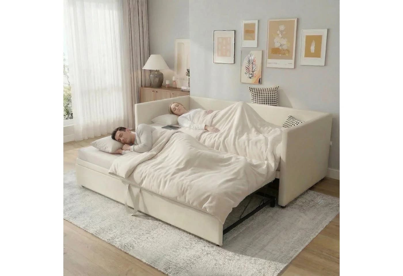 Furnishings Home Polsterbett Ausziehbar Beige Samt Schlafsofa