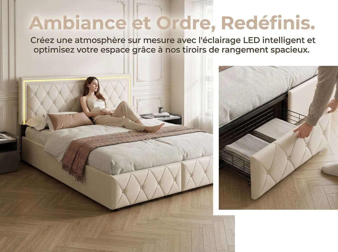 Furnishings Home LED Polsterbett mit Stauraum und verstellbarem Kopfteil - Bild 3