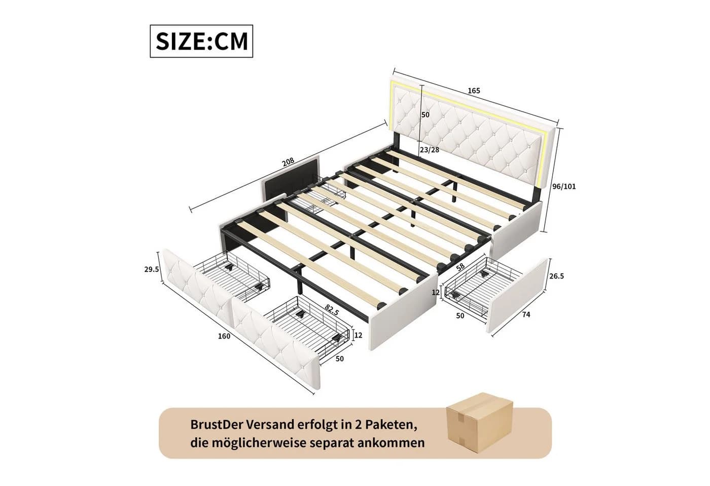 Furnishings Home LED Polsterbett mit Stauraum und verstellbarem Kopfteil - Bild 5