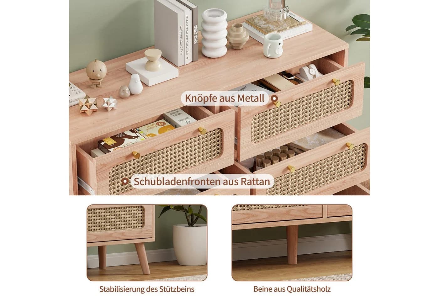 Furnishings Home Sideboard 100cm Rattan Fronten Modern - Bild 3