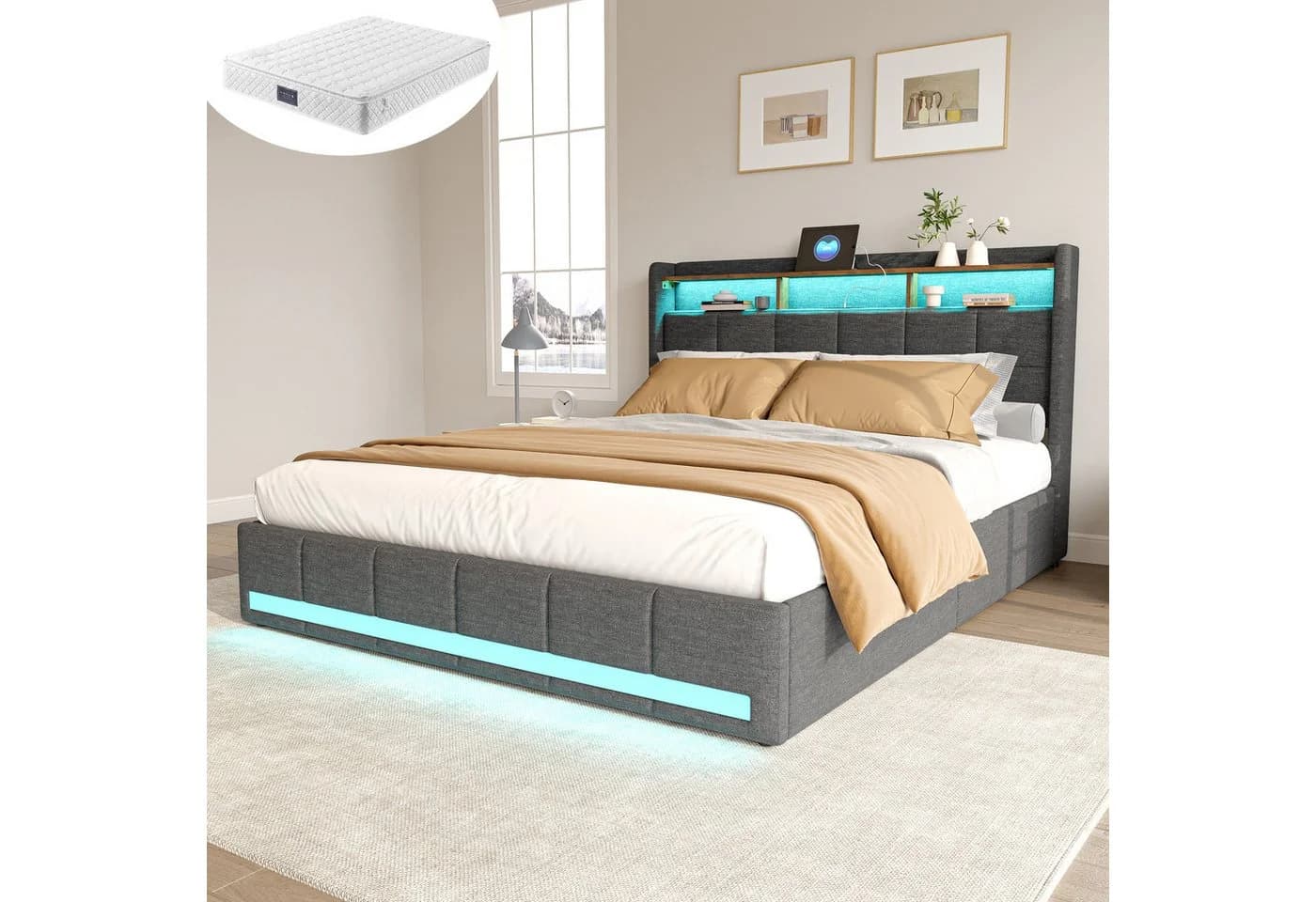 Furnishings Home Polsterbett mit LED & USB Stauraumbett Grau - Bild 2