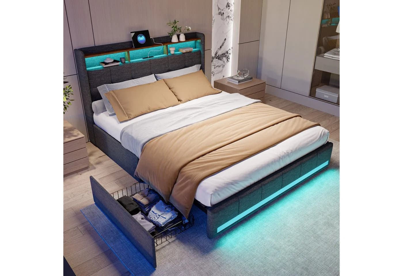 Furnishings Home Polsterbett mit LED & USB Stauraumbett Grau - Bild 5