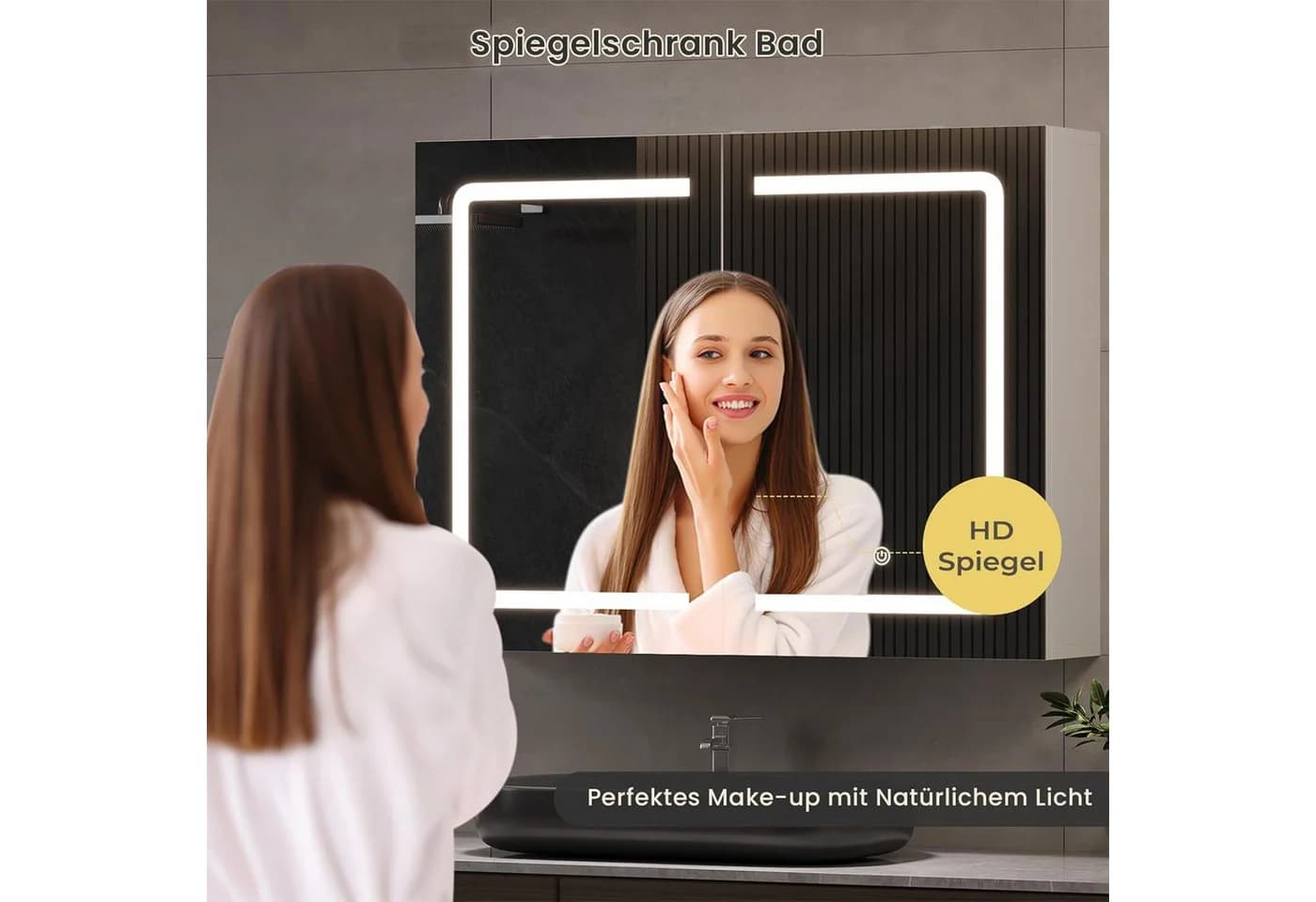 Furnishings Home Badezimmerspiegelschrank Doppeltür Hängeschrank 80x60x13,5 cm LED-Beleuchtung