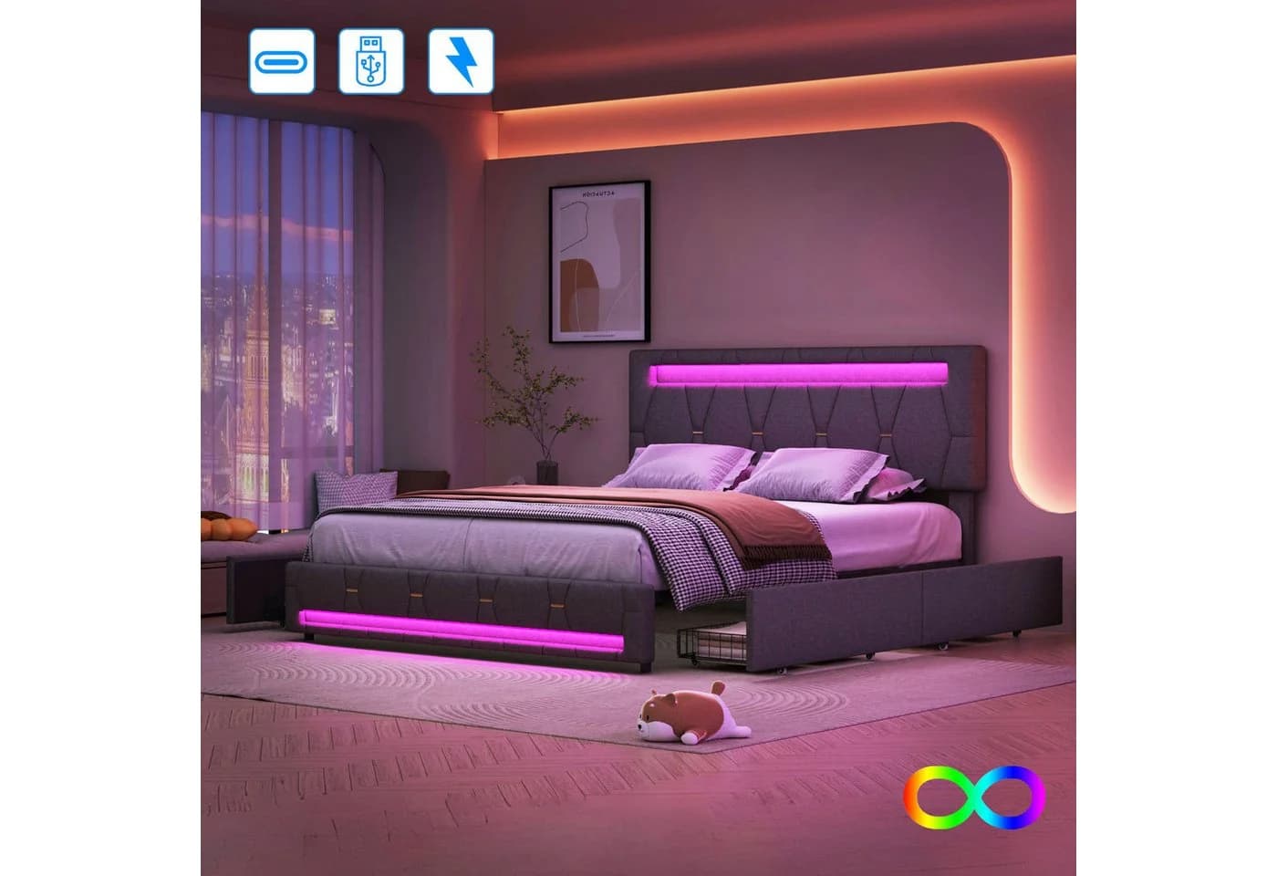 Doppelbett mit Stauraum, LED-Beleuchtung und verstellbarer Kopfhöhe - Bild 2