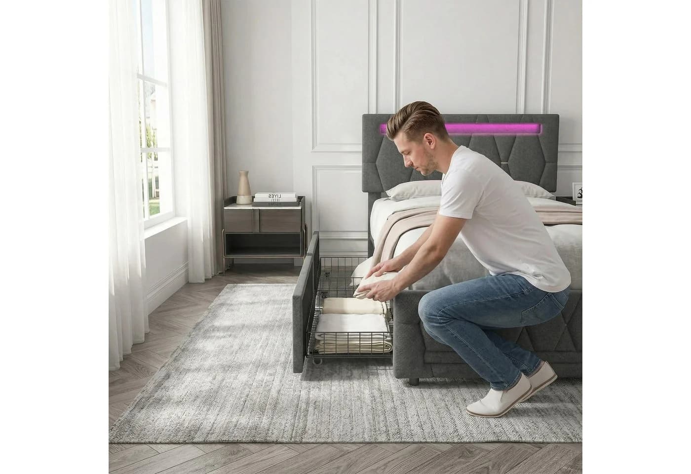 Doppelbett mit Stauraum, LED-Beleuchtung und verstellbarer Kopfhöhe - Bild 5