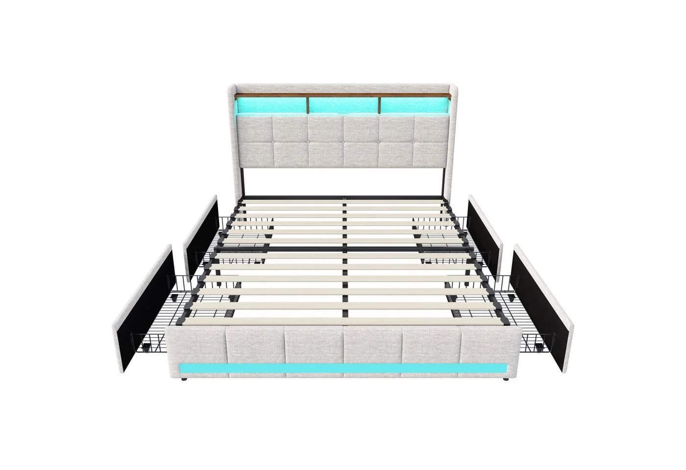 Furnishings Home Polsterbett Stauraumbett mit LED & USB Leinen Beige