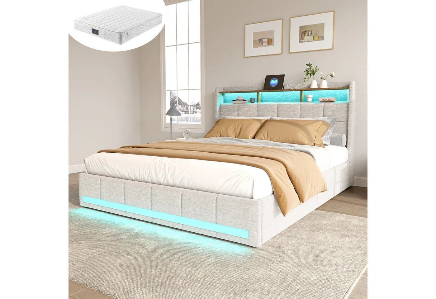 Furnishings Home Polsterbett Stauraumbett mit LED & USB Leinen Beige - Bild 2