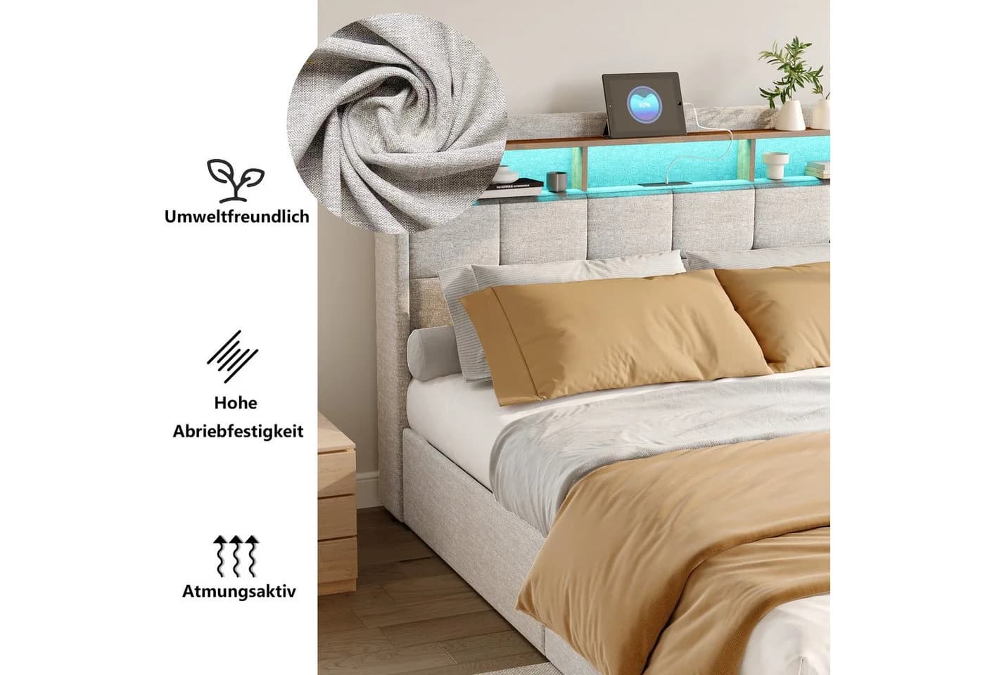 Furnishings Home Polsterbett Stauraumbett mit LED & USB Leinen Beige - Bild 5