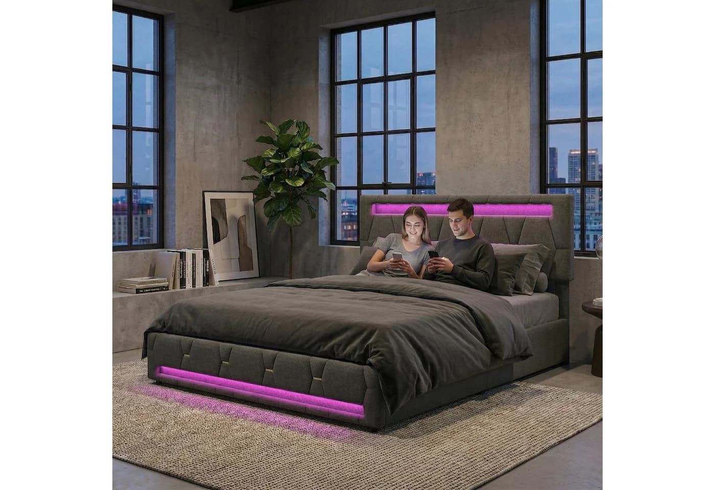 Furnishings Home LED Polsterbett mit Stauraum und Leinenbezug - Bild 4