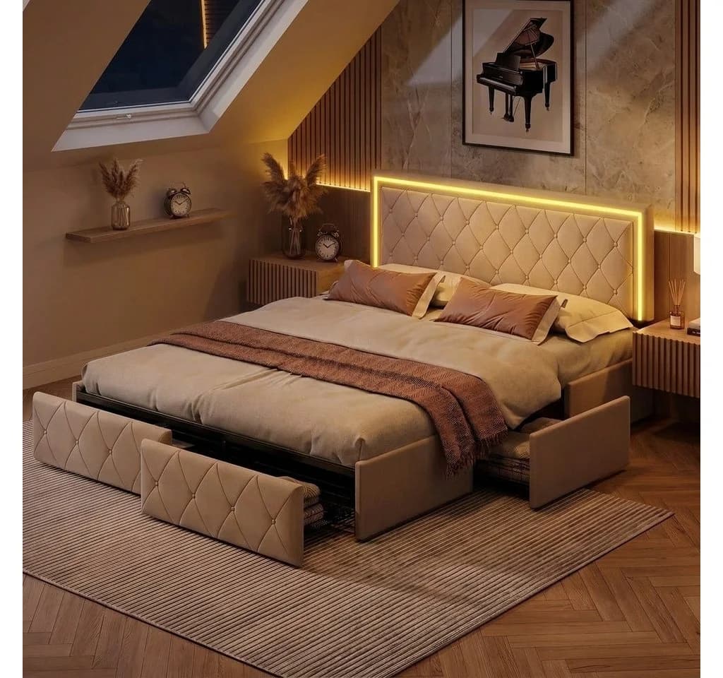 Gdood Polsterbett mit LED-Beleuchtung und Stauraum Beige - Bild 2