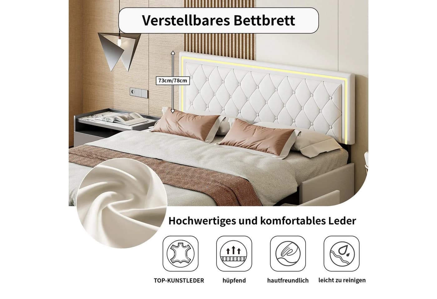 Gdood Polsterbett mit LED-Beleuchtung und Stauraum Beige - Bild 5
