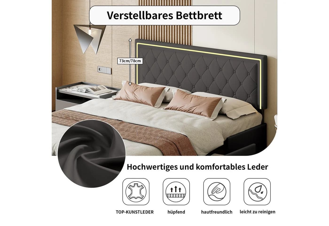 Gdood LED Polsterbett Doppelbett Verstellbare Kopfteilhöhe - Bild 5