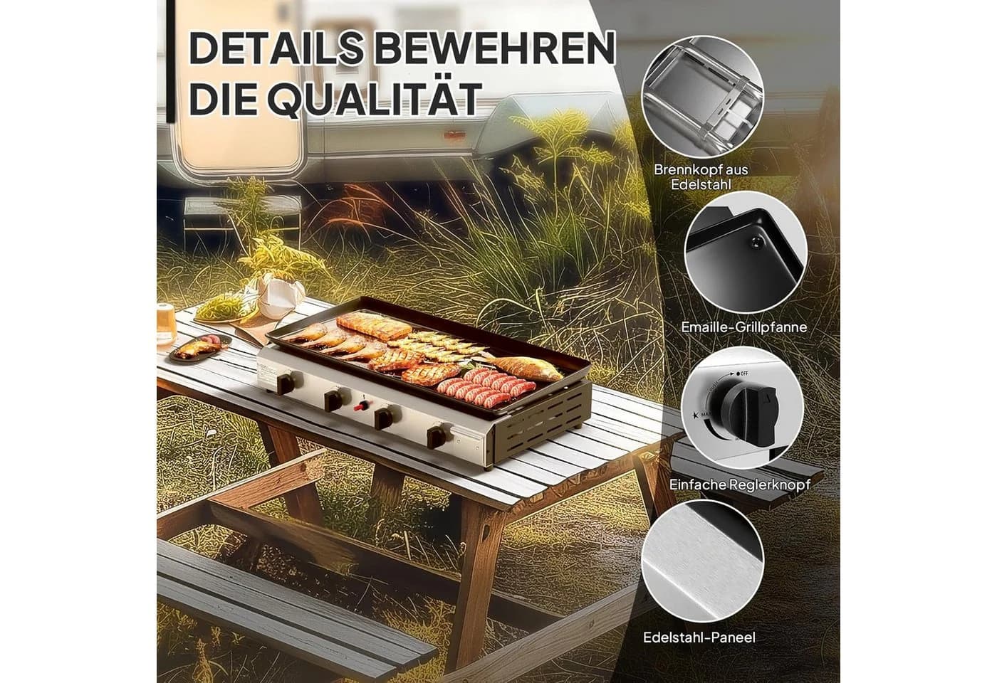 LALAHO Tischgasgrill mit 4 Brennern, Tragbar, Schwarz/Rot - Bild 4