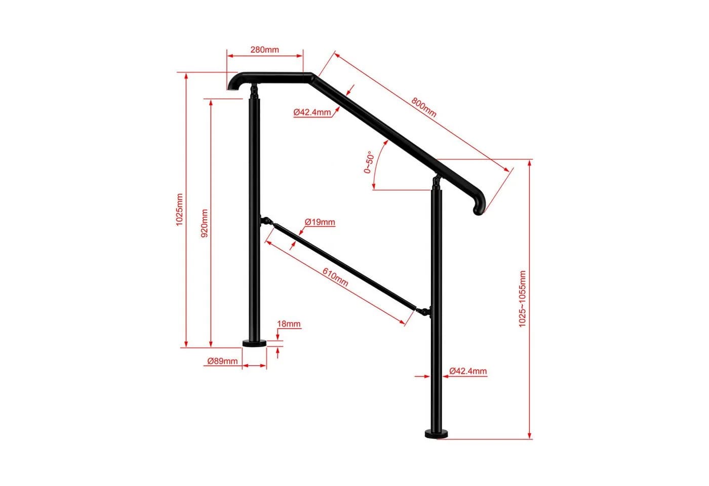 duschspa Edelstahl Geländer 108/136/162 cm Silber/Schwarz