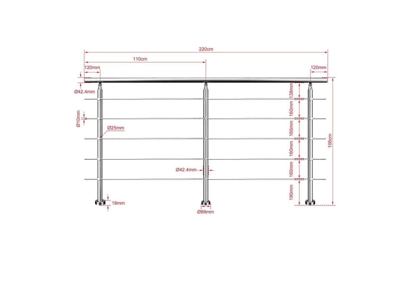 AICA Edelstahl Treppengeländer mit Handlauf 220 cm 5-tlg.