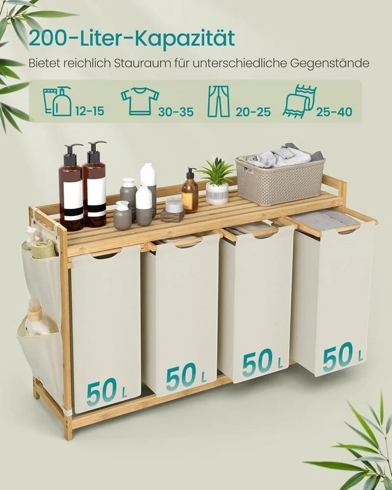 SONGMICS Wäschekorb 4 Fächer Bambus 200L Wäschesortierer - Bild 3