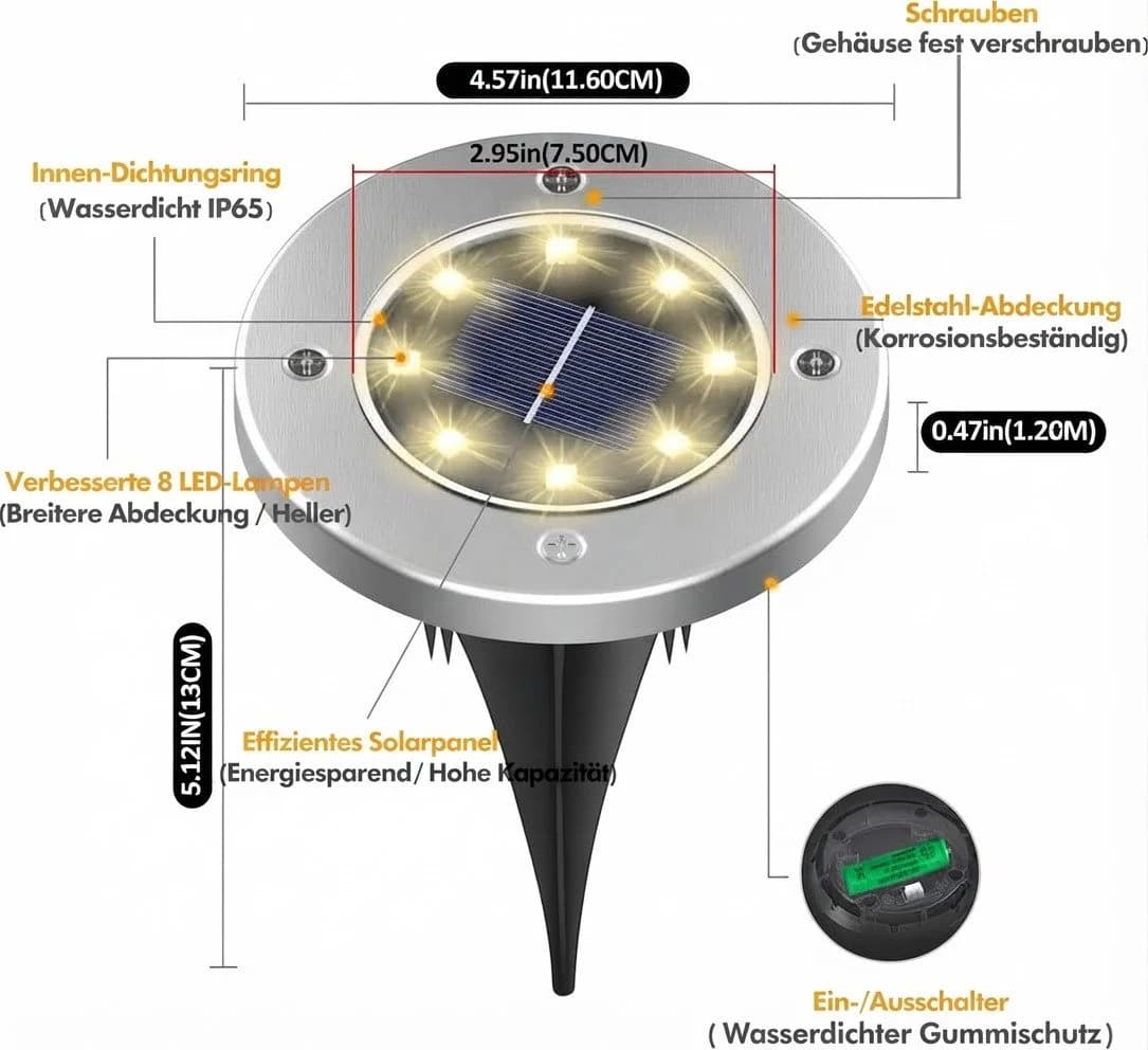 LaCute Solar-Bodenleuchten 8er-Set Warmweiß Edelstahl IP65