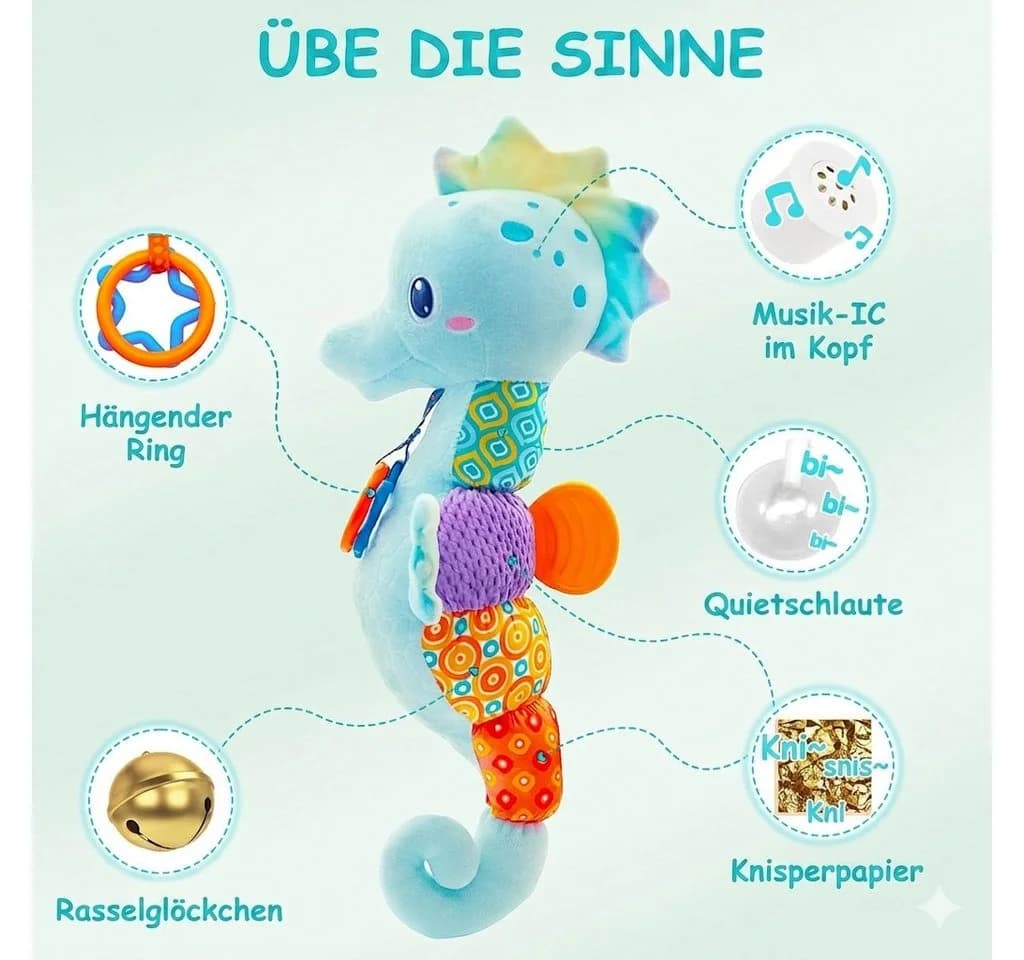 LaCute Baby Musikplüschtier Seepferdchen Blau mit Rassel und Sound