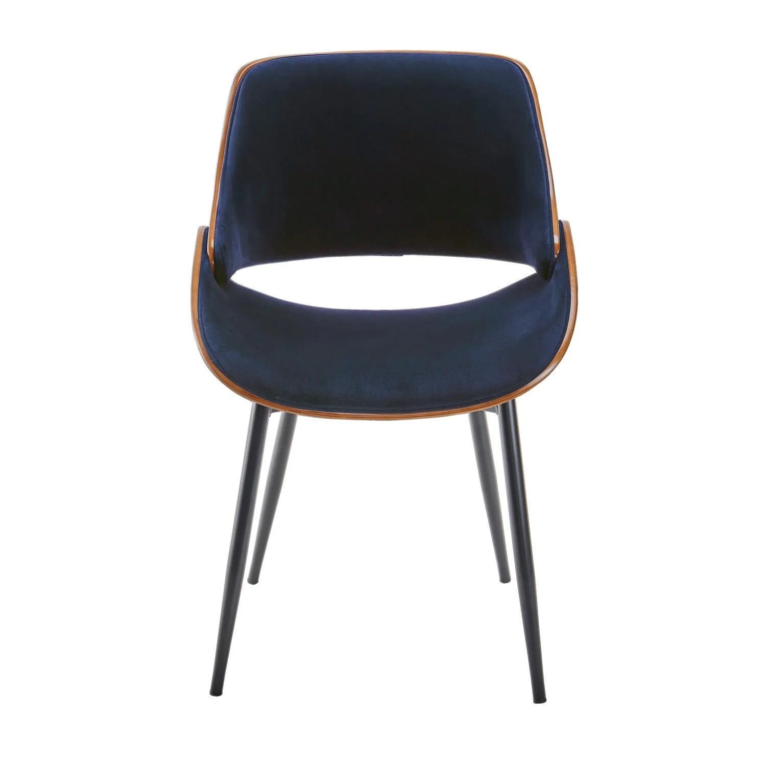 Signature Stuhl Mannix in Nussbaumoptik mit blauer Velours-Sitzfläche