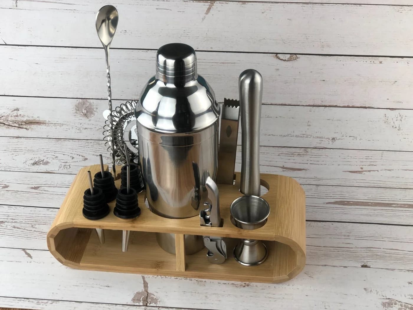 Faizee Möbel Cocktail Shaker Set 11-tlg. 750 ml Edelstahl mit Bambusständer - Bild 4