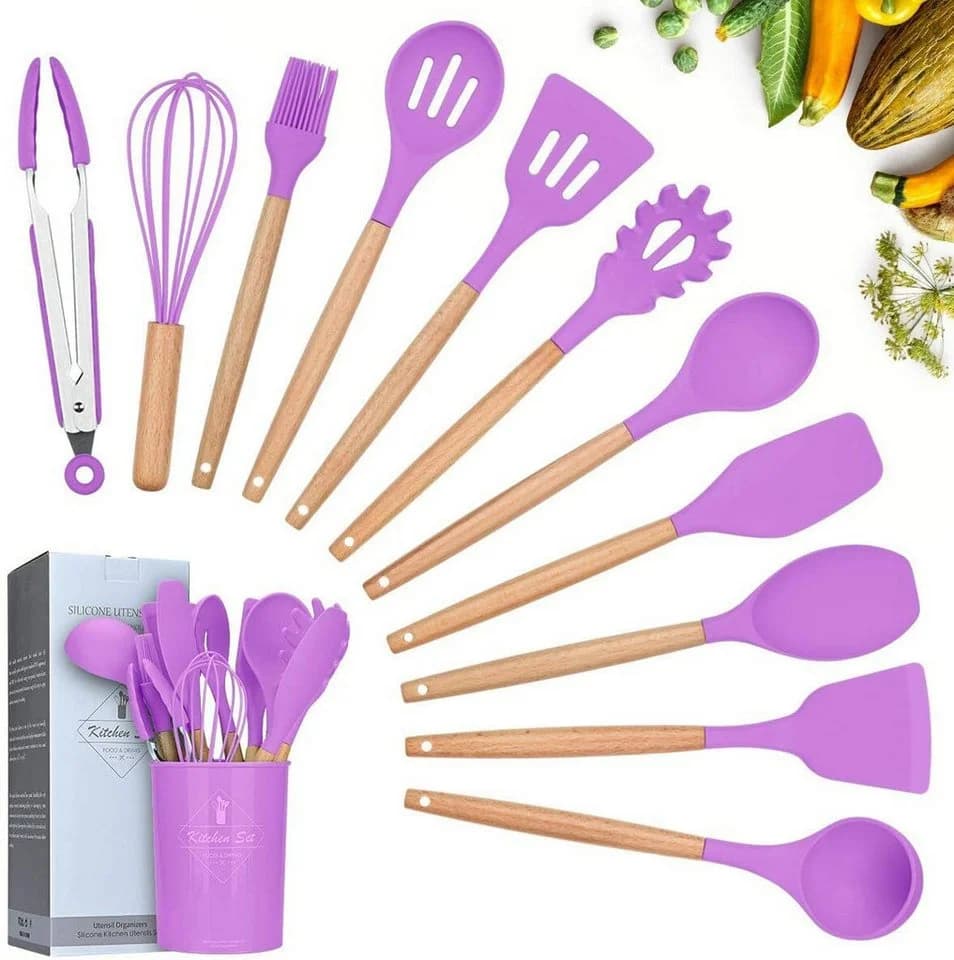 Faizee Möbel 12-tlg. Silikon Kochbesteck-Set mit Holzgriff Rosa