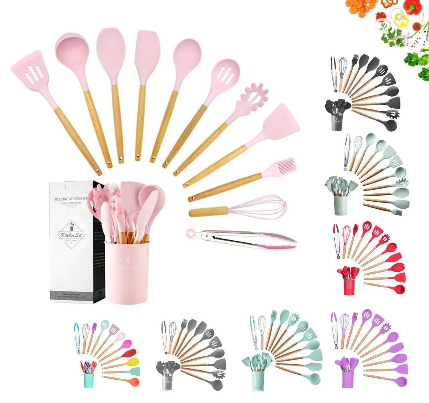 Faizee Möbel 12-tlg. Silikon Kochbesteck-Set mit Holzgriff Rosa - Bild 2