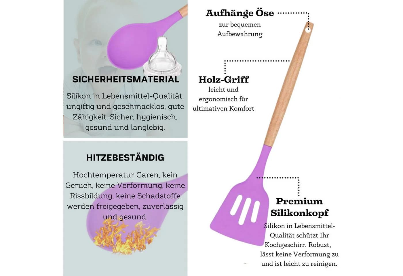 Faizee Möbel 12-tlg. Silikon Kochbesteck-Set mit Holzgriff Rosa - Bild 3