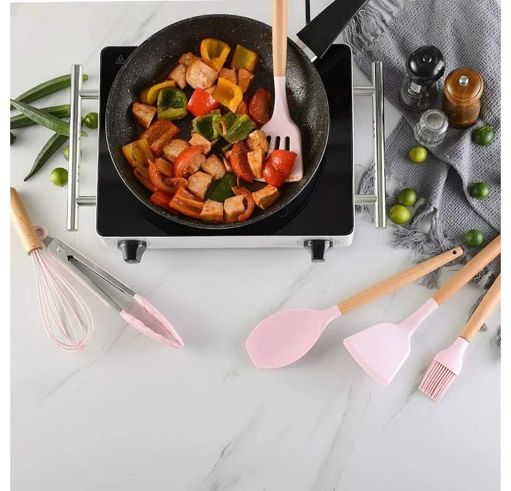Faizee Möbel 12-tlg. Silikon Kochbesteck-Set mit Holzgriff Rosa - Bild 5