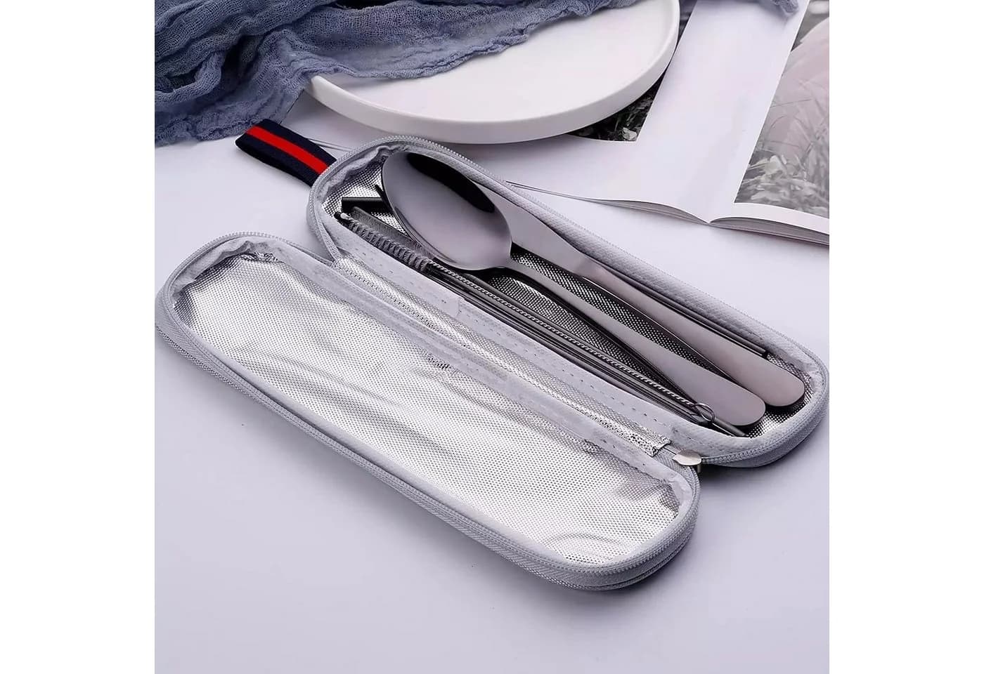 Faizee Möbel Reise-Besteck-Set 8-tlg. Schwarz Edelstahl mit Etui
