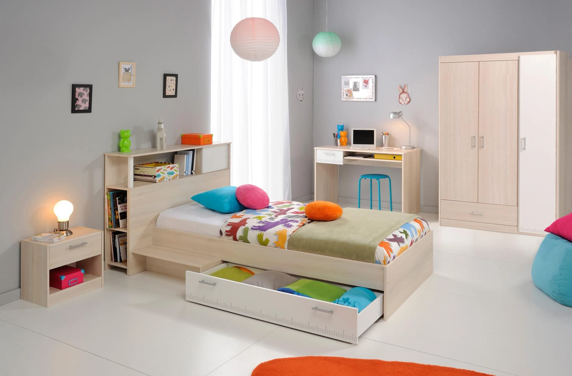 Jugendzimmer-Set PARISOT Charly Weiß Akaziefarben 3-türig
