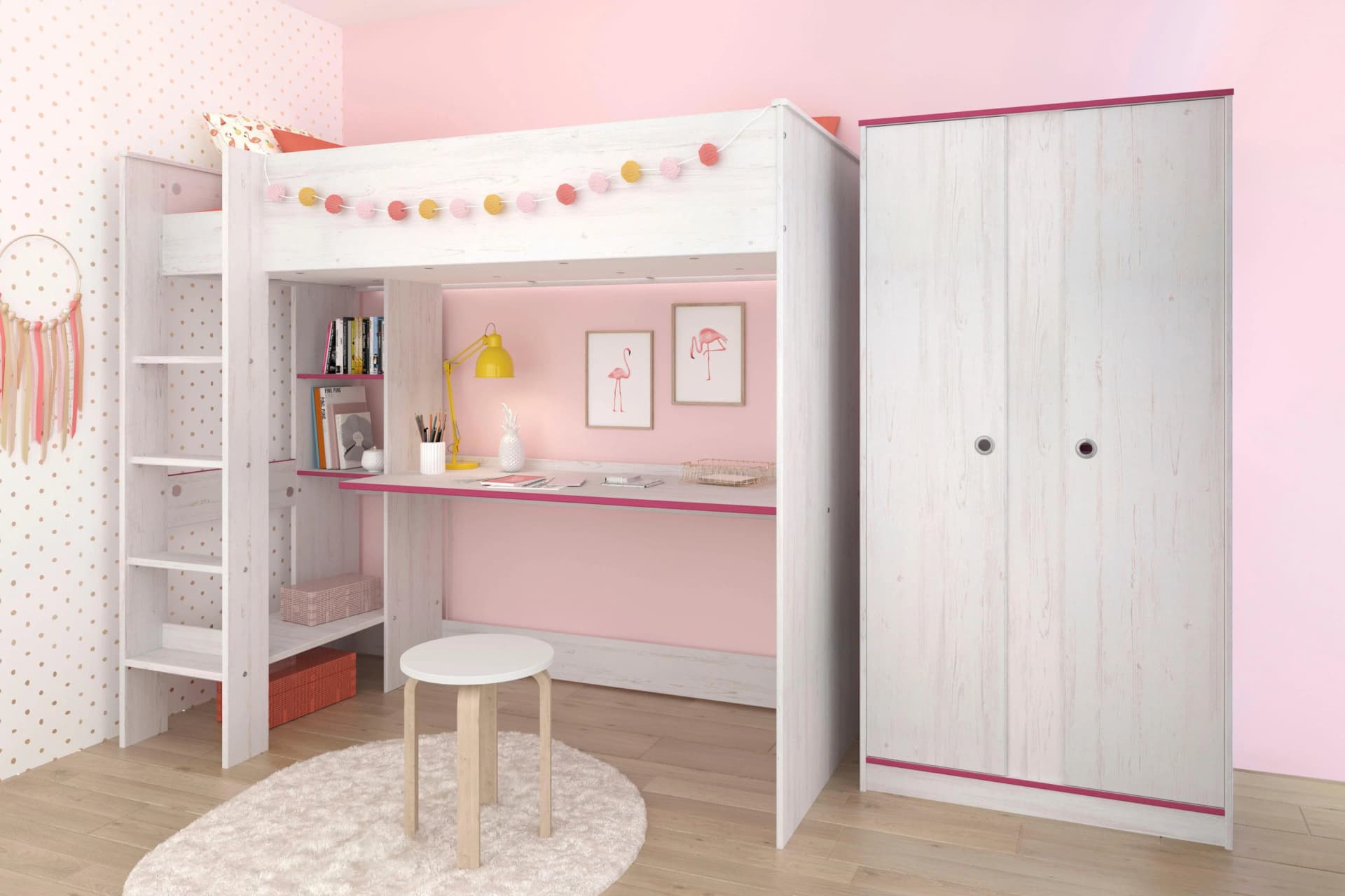 PARISOT Smoozy Jugendzimmer-Set Weiß mit Kieferstruktur Hochbett & Schrank