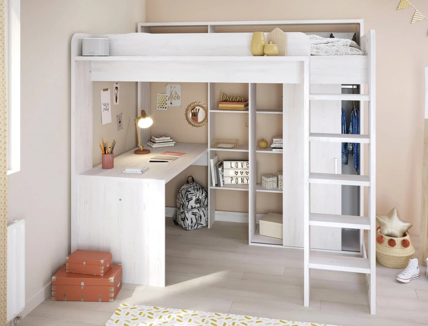 Parisot Hochbett Higher mit Schreibtisch und Schiebetürenschrank Beige - Bild 2