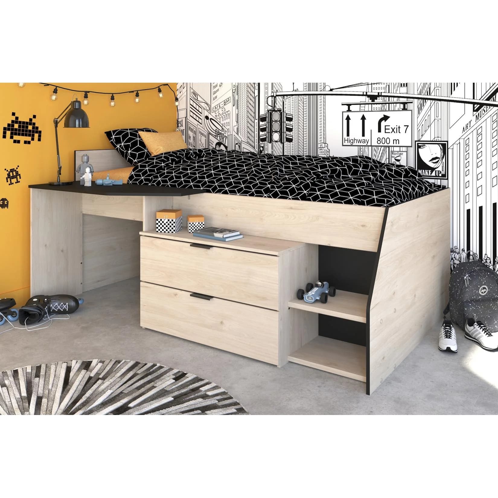 Parisot Hochbett Milky Industrial Style Eiche/Schwarz mit Arbeitsfläche