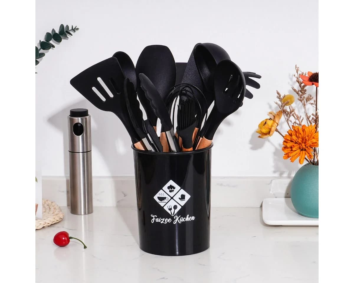 Faizee Möbel Kochbesteck-Set 38tlg. Silikon & Holz Schwarz