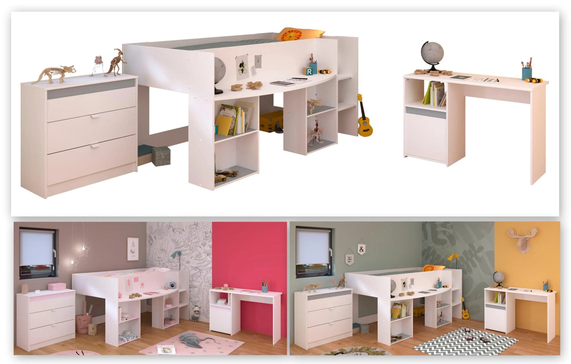 Parisot Jugendzimmer-Set Pirouette 15 Weiß Hochbett Schreibtisch Kommode - Bild 2