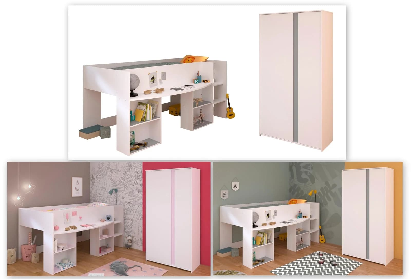 Parisot Jugendzimmer-Set Pirouette Weiß Hochbett mit Kleiderschrank - Bild 2