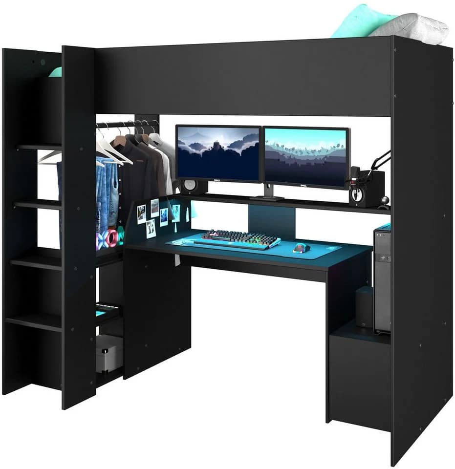 Parisot Hochbett Meddox mit LED & Gaming-Arbeitsplatz Schwarz