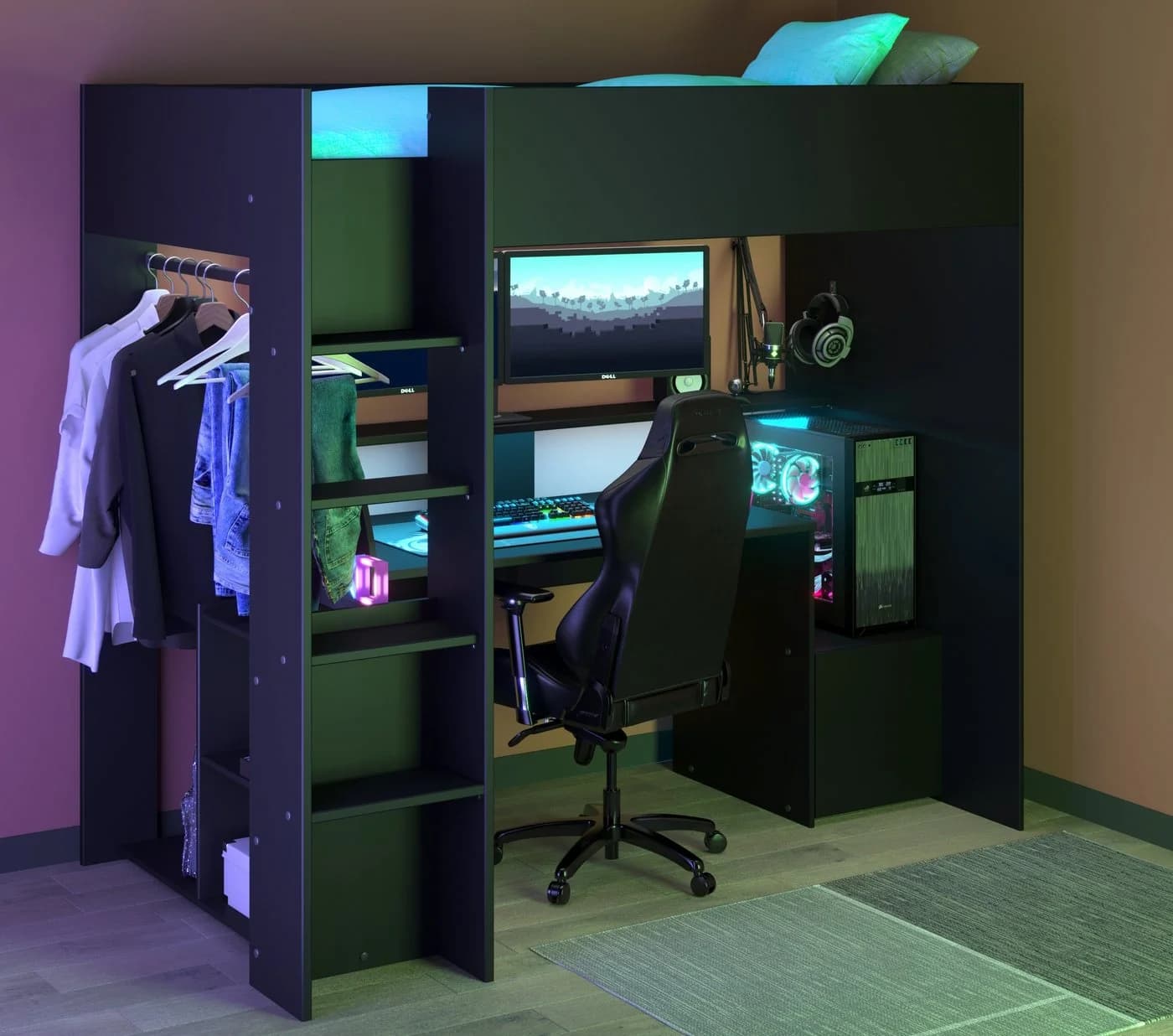 Parisot Hochbett Meddox mit LED & Gaming-Arbeitsplatz Schwarz - Bild 4