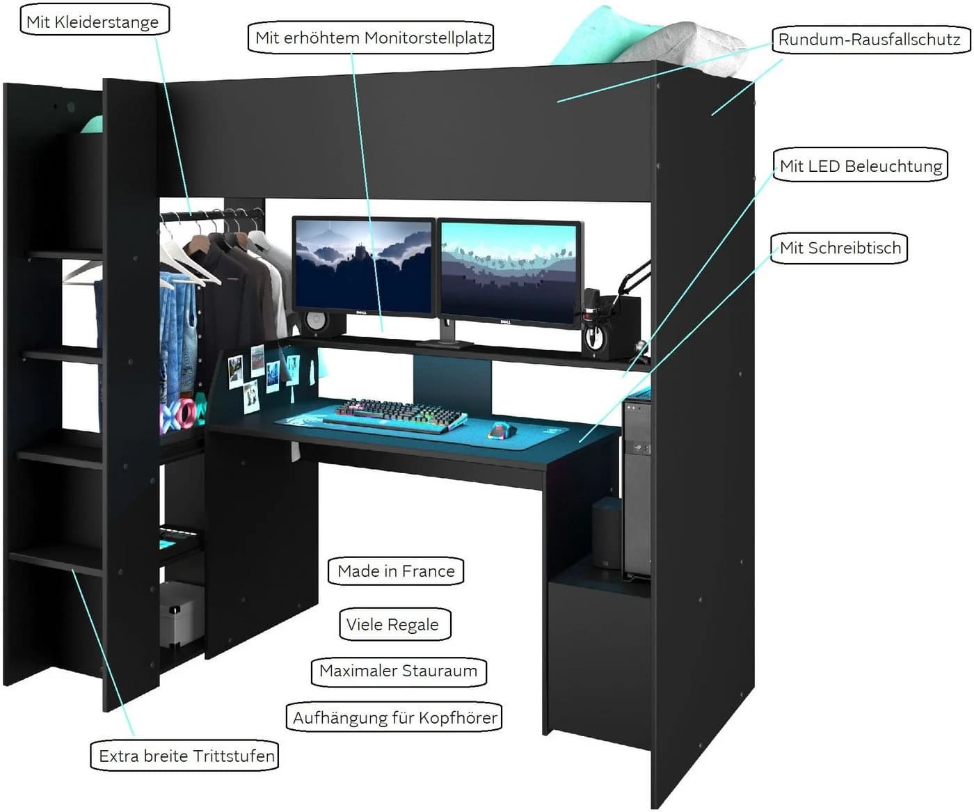 Parisot Hochbett Meddox mit LED & Gaming-Arbeitsplatz Schwarz - Bild 5