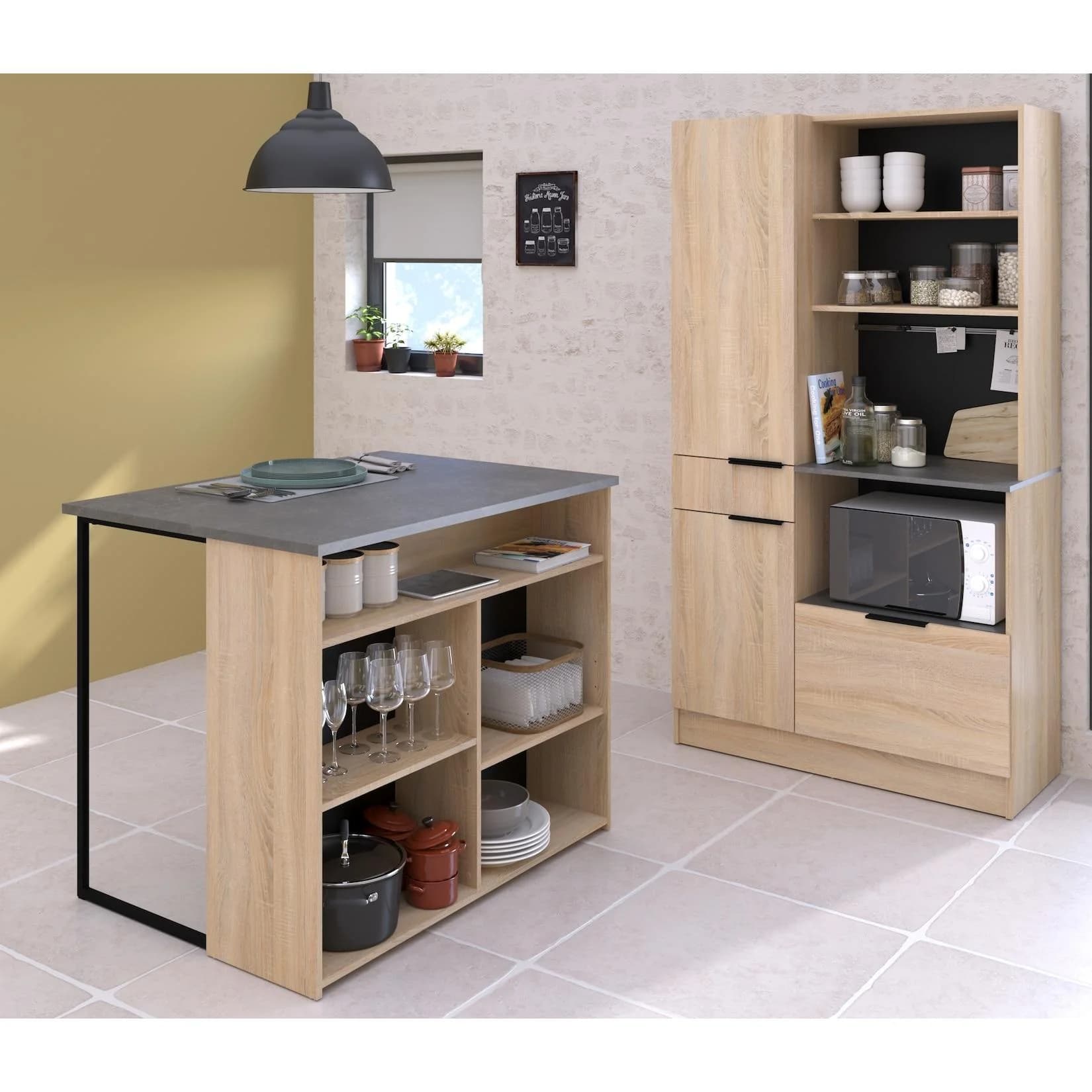 Parisot Fumay Küchenbuffet Set Eiche/Betonoptik Grau