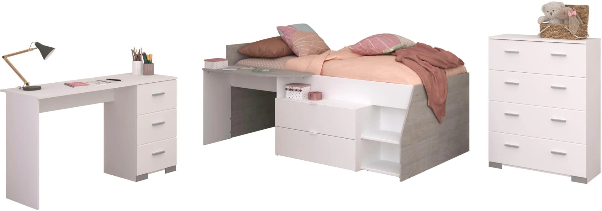 Parisot Jugendzimmer-Set Milky 15 Weiß Hochbett Kommode Schreibtisch - Bild 2